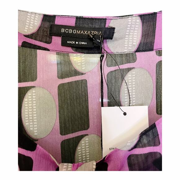 BCBGMAXAZRIA Chiffon Top V-Neck Abstract Pink Black Short Sleeves Neck Tie NWT - Picture 3 of 7